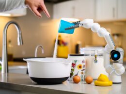 AI revolutionizing food manufacturing: A robotic arm pouring granulated sugar into a bowl.