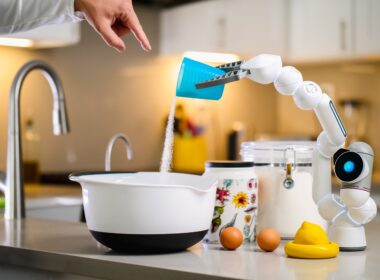 AI revolutionizing food manufacturing: A robotic arm pouring granulated sugar into a bowl.